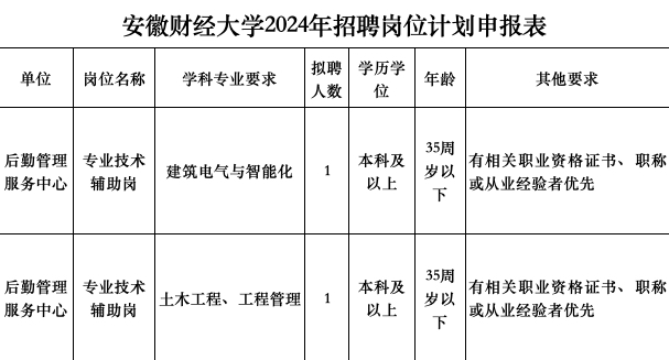 2024年度安徽財(cái)經(jīng)大學(xué) 專業(yè)技術(shù)輔助崗位人才派遣人員 公開(kāi)招聘公告